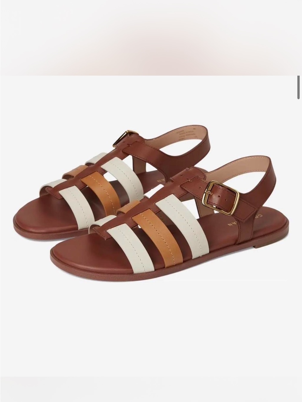 Cole Haan Flynn Fisherman Sandals Brown Ivory Tan Strappy Buckle Flat